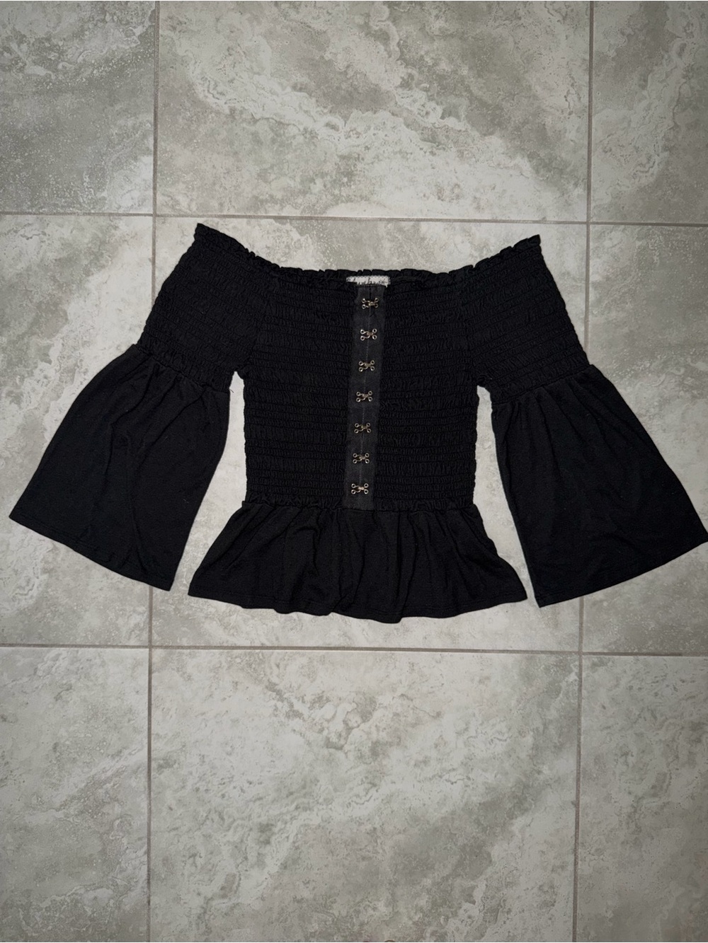 Black Off-Shoulder Smocked Top with Hook Closures